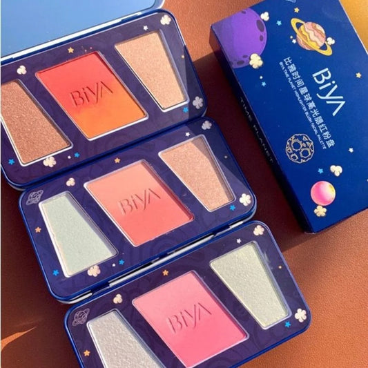 3 in 1 Colors Facial Blush Gradual Powder Blusher Shimmer Highlighter Three-dimensional Brightening Powder Blusher Palette - Biya Korean Highlighter & Blush Palette image 1