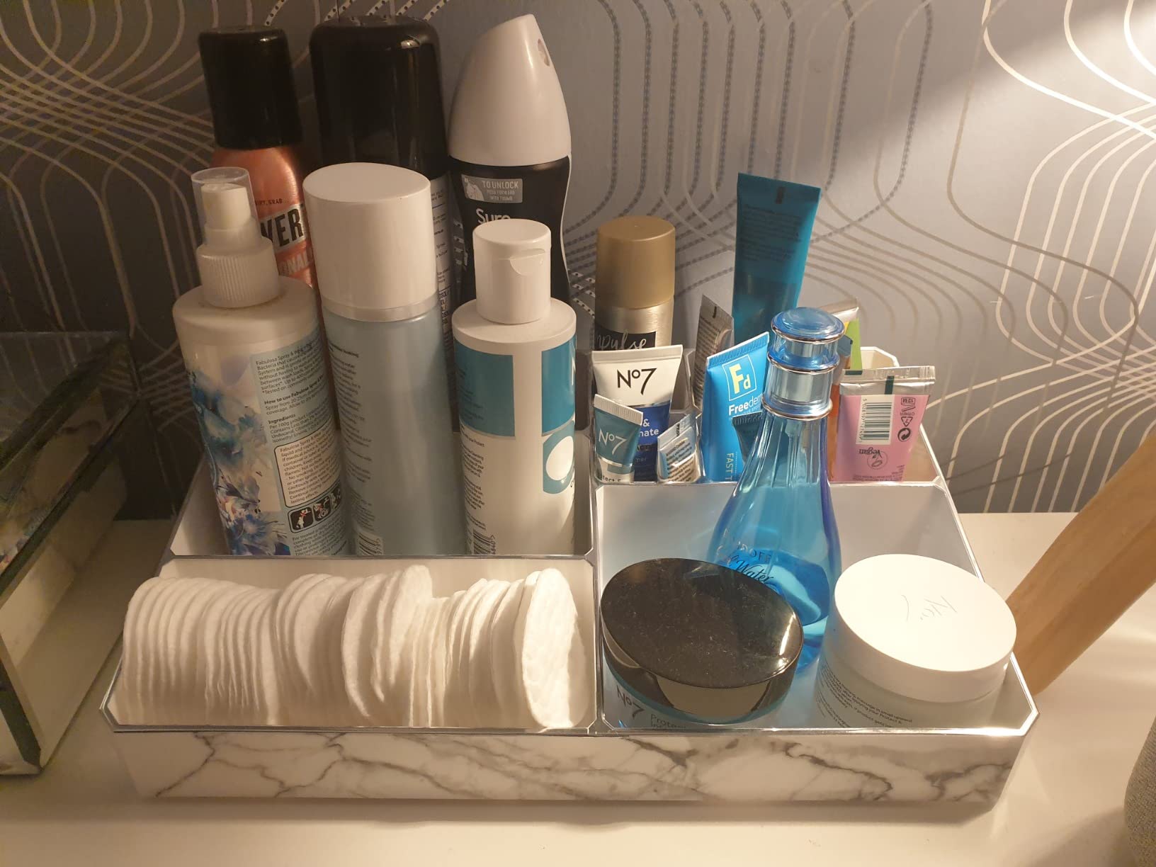 9 Compartment Marble Look Makeup Organiser | Marble Acrylic Makeup Organiser - Perfume Holder, Vanity Storage and Cosmetic Storage - White image 2