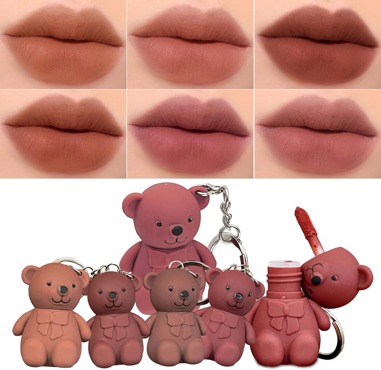 6-Piece Cute Bear Keychain Liquid Lipstick Set – Mist Matte Velvet Finish, Moisturizing Lip Stain, Waterproof &amp; Long-Lasting Lip Gloss (6 Colors) image 4