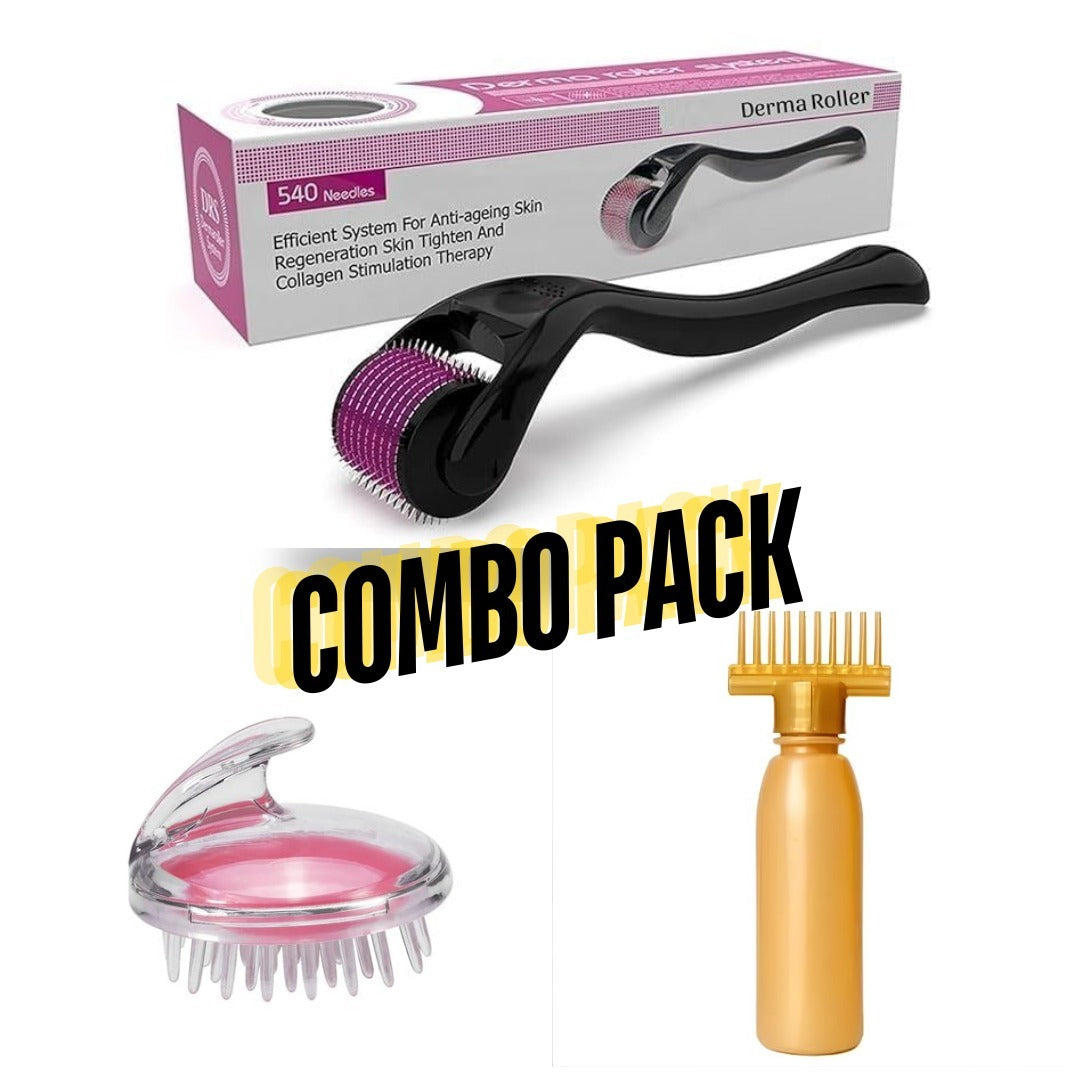 Combo Pack Derma Roller + Hair Oil Applicator Bottle +  Hair Scalp Massager | Pack of 3 Deal image 0