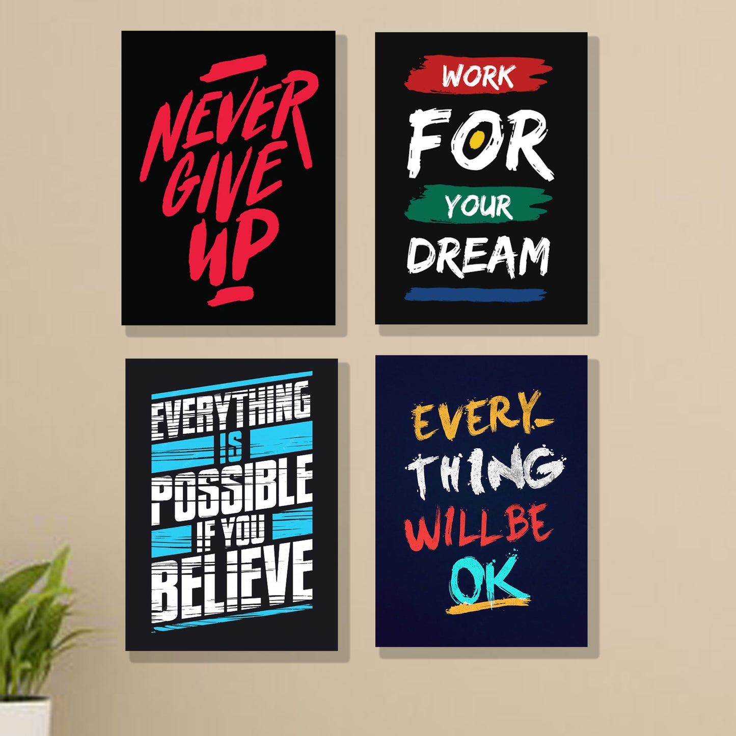 set of 4 Motivational sticky canvas frames for wall decore / sticky phototiles for office and home workplace image 0