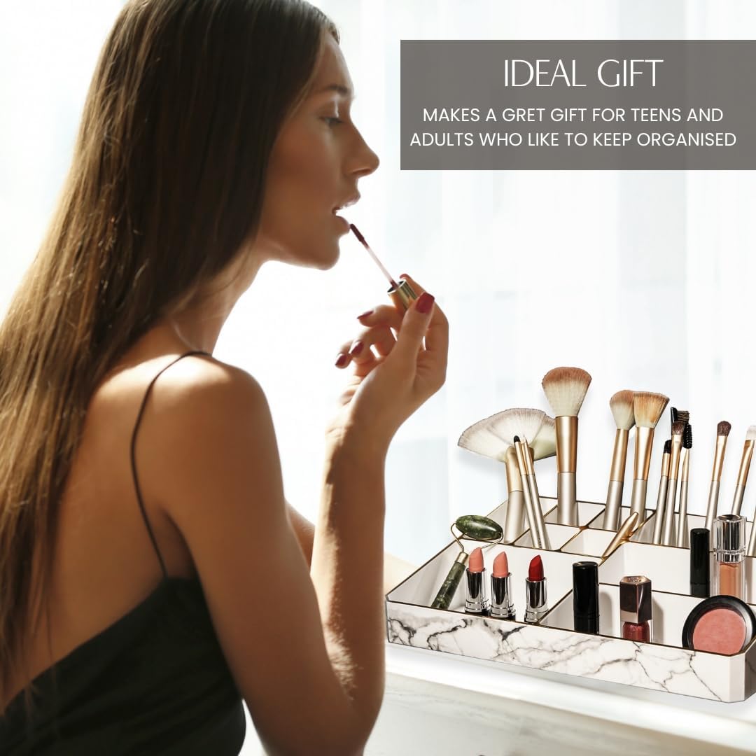 9 Compartment Marble Look Makeup Organiser | Marble Acrylic Makeup Organiser - Perfume Holder, Vanity Storage and Cosmetic Storage - White image 4