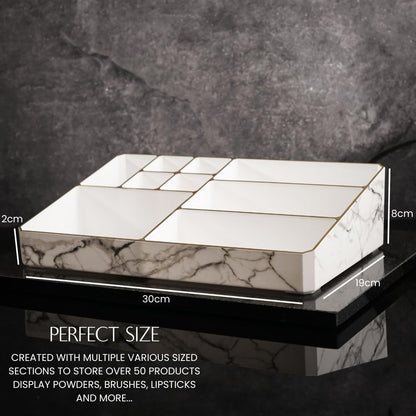 9 Compartment Marble Look Makeup Organiser | Marble Acrylic Makeup Organiser - Perfume Holder, Vanity Storage and Cosmetic Storage - White image 3