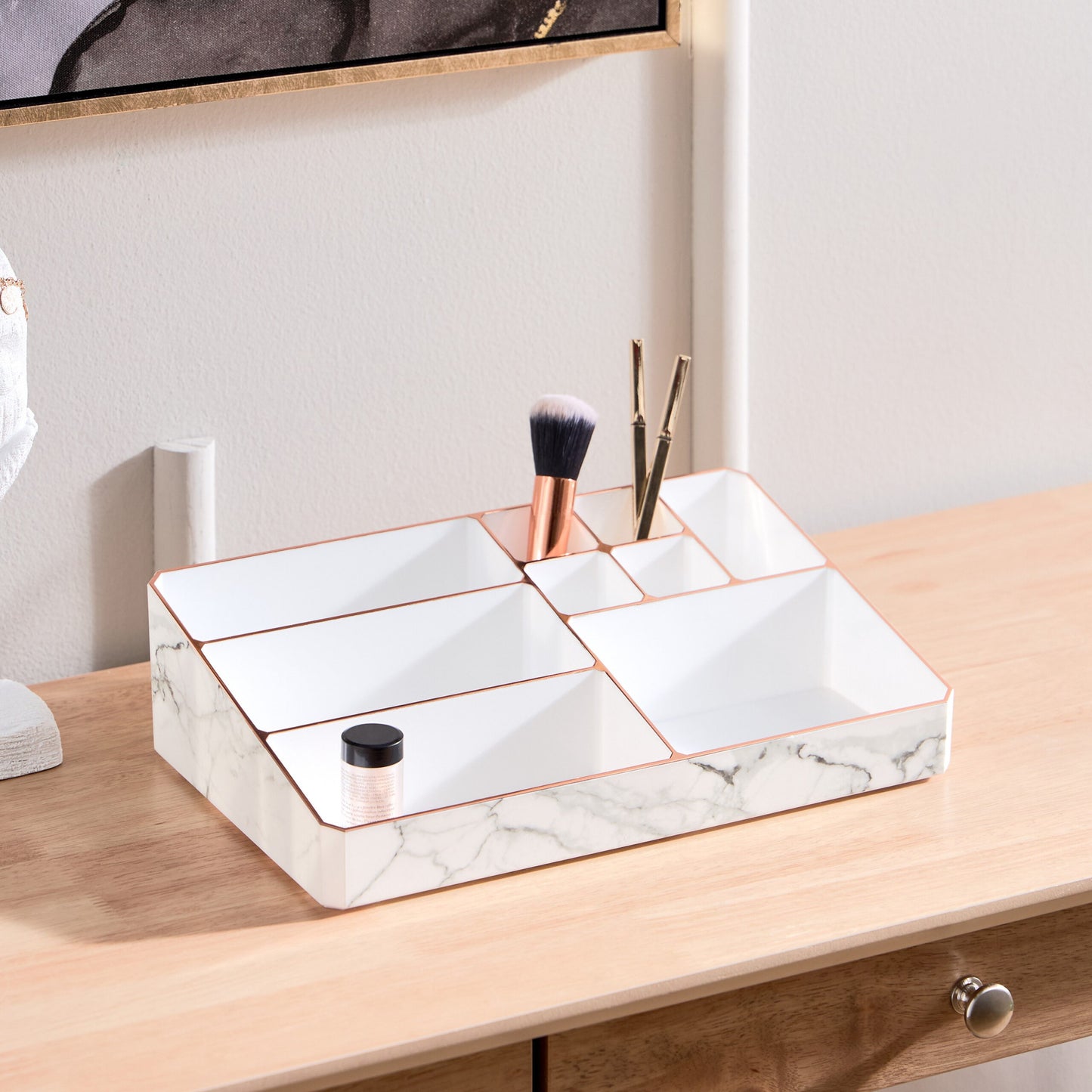 9 Compartment Marble Look Makeup Organiser | Marble Acrylic Makeup Organiser - Perfume Holder, Vanity Storage and Cosmetic Storage - White image 11