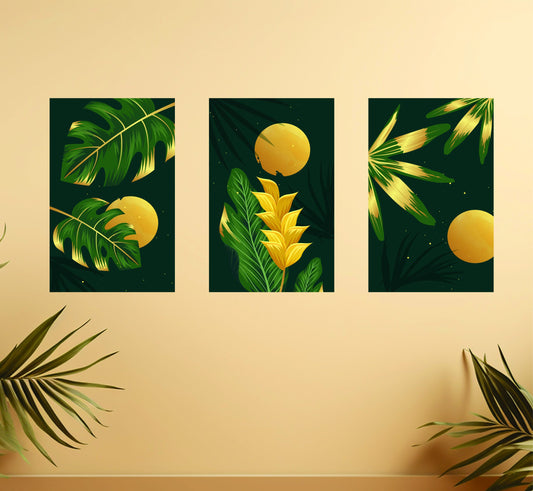 Set Of 3, Abstract Sun Leaf wall Art Photo Canvas wooden Tile Frame image 0