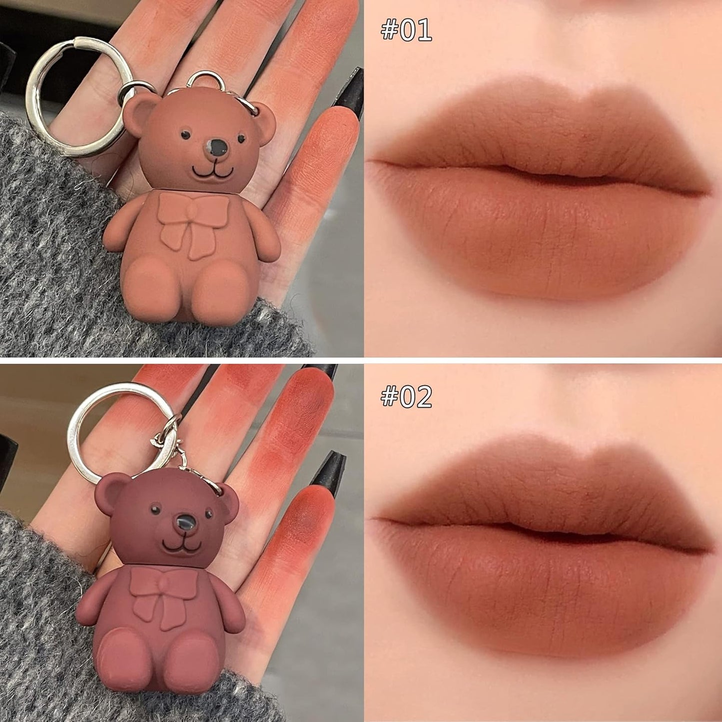 6-Piece Cute Bear Keychain Liquid Lipstick Set – Mist Matte Velvet Finish, Moisturizing Lip Stain, Waterproof &amp; Long-Lasting Lip Gloss (6 Colors) image 3