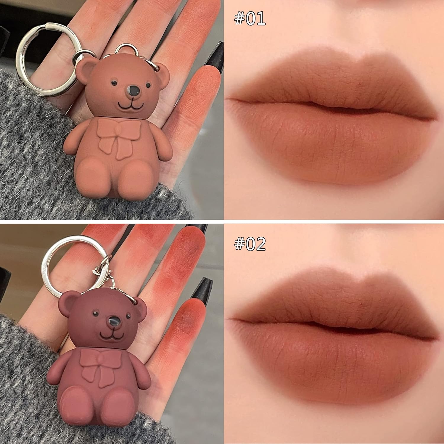 6-Piece Cute Bear Keychain Liquid Lipstick Set – Mist Matte Velvet Finish, Moisturizing Lip Stain, Waterproof &amp; Long-Lasting Lip Gloss (6 Colors) image 3