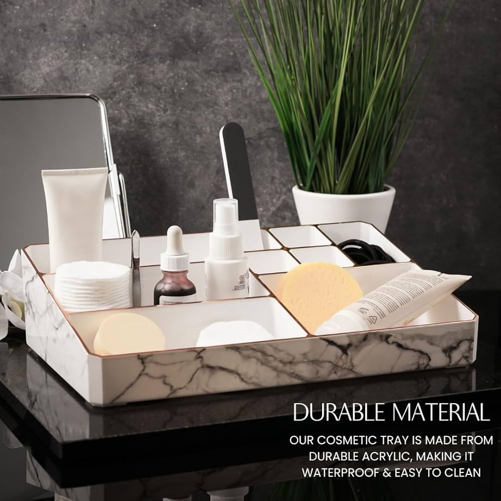 9 Compartment Marble Look Makeup Organiser | Marble Acrylic Makeup Organiser - Perfume Holder, Vanity Storage and Cosmetic Storage - White image 0