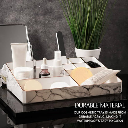 9 Compartment Marble Look Makeup Organiser | Marble Acrylic Makeup Organiser - Perfume Holder, Vanity Storage and Cosmetic Storage - White image 0