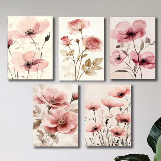 set of 5 pink flowers floral wall art wooden sticky frames for girls room home decoration / sticky phototiles image 0