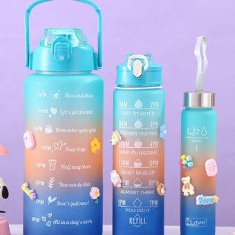 3 Pack Water Bottles with  2L Large Bottle 700MLPortable Bottle and 300ML Mini Bottle Motivational (random color)
