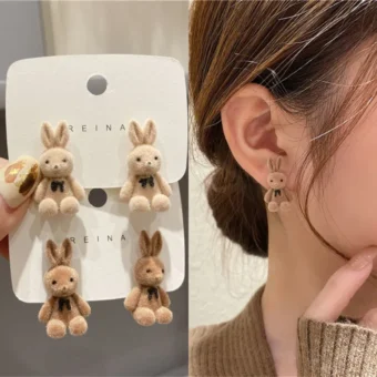 CUTE RABBIT EARRINGS | Korean Style Cartoon Plush Rabbit Bow Earrings for Women Girls - 1 Pair (Random color)