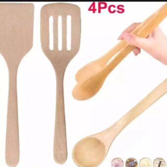 4Pcs Wooden Bamboo Utensil Set Spoon Ladle Slotted Turner Food Tongs Cooking