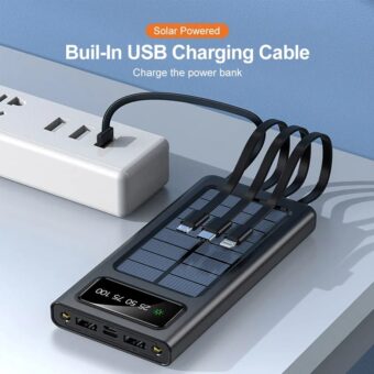 J-cell 10000mAh Solar Power Bank Portable Fast Charger External Battery with in Built 4 Charging Power Cable Model J-118