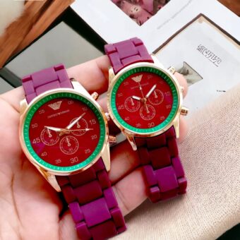 Emporio Armani Couple Watch Rubber Chain Strap | Analog Wrist Watch for Men & Women (Mehroon)