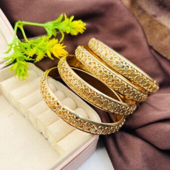 Golden Elegant Bangles 2 Pcs Set | Traditional Indian Jewelry with Intricate Design | Premium Gold Finish Bangles for Women and Girls