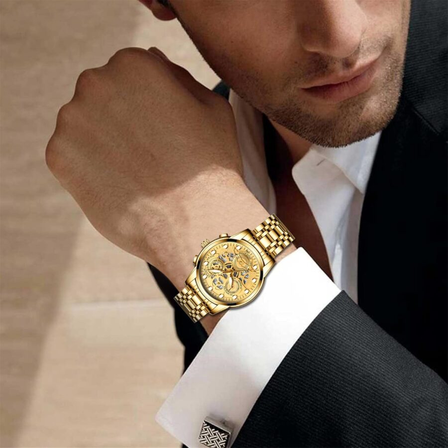 Stainless Steel Strap BinBond Fashion Watch with Smart lock Watch for Men Multifunction Quartz Watch with Luminous Hands (Golden) - Image 12