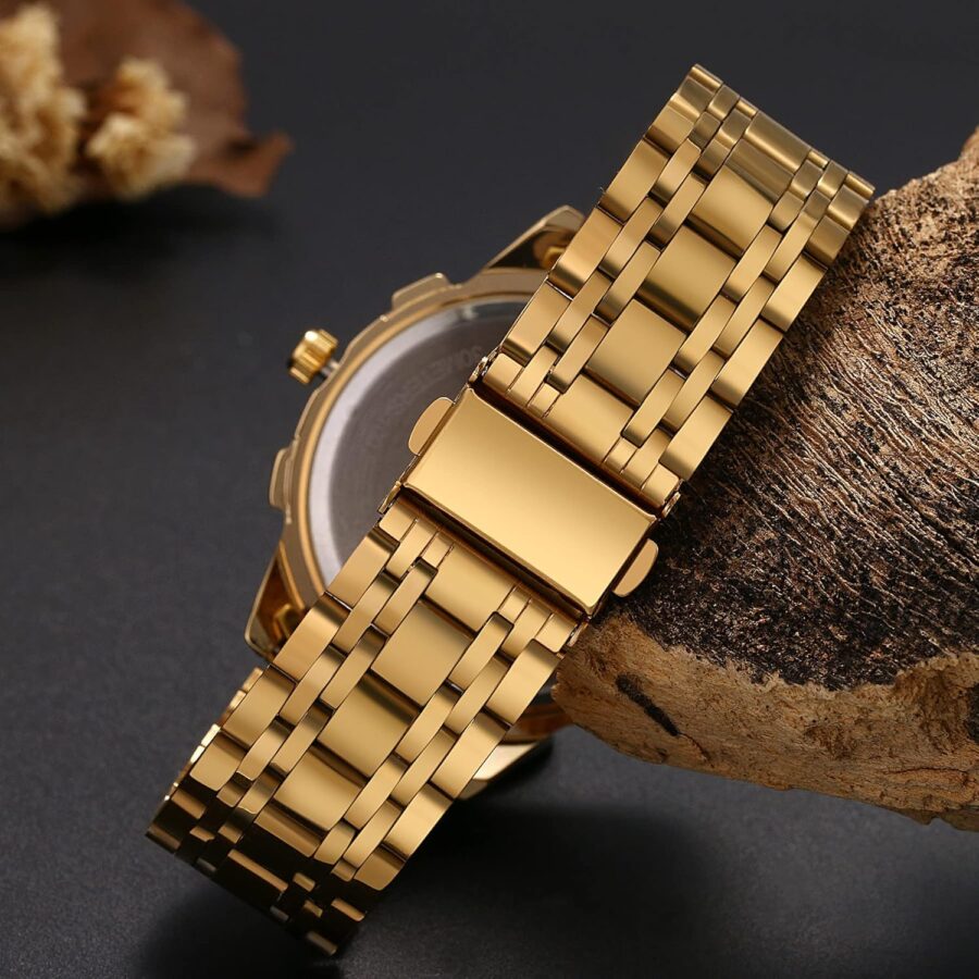 Stainless Steel Strap BinBond Fashion Watch with Smart lock Watch for Men Multifunction Quartz Watch with Luminous Hands (Golden) - Image 13