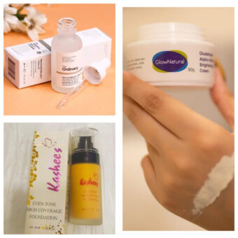 The Ordinary Skin Brightening Niacinamide 10% + Zinc 1% Serum 30ml + Glow natural Glutathione Alpha Arbutin Skin Brightening Cream (50g) + Kashees EvenTone High Coverage Liquid Foundation (random shades) 45ml