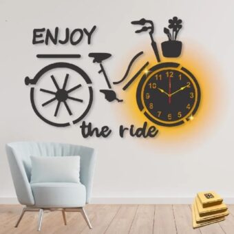 enjoy the ride  bicycle style Wooden Clock with light 3d wall clock