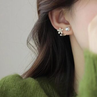 Korean zircon flower pearl front back earrings  for girls