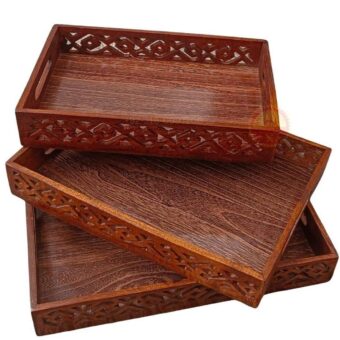 (pack of 3) Wooden Serving Tray Set with handles Wood Serving Trays for Tea Coffee Food Platter Household Kitchen Multipurpose Use