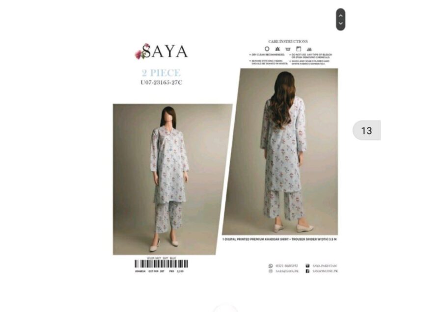 SAYA 2PCS Unstitch khaddar Collection Shirt & Trouser (27C)