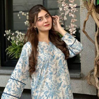 2pcs Stitched Suit Stone Winter linen Suit WINTER COLLECTION blue flower printed suit