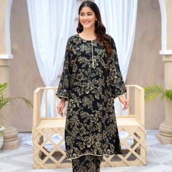 black flower printed suit pcs Stitched Suit Stone Winter linen Suit WINTER COLLECTION