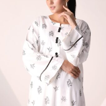 2pcs flower printed Stitched Suit Stone Winter linen Suit WINTER COLLECTION (white)