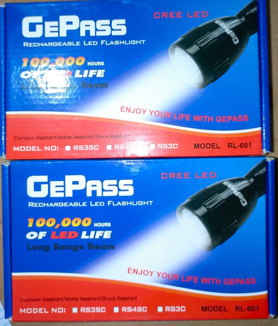 NEW EMERGENCY GePass Rechargeable LED Flashlight, 100,000 Hours of LED Life, Long Range Beam, CREE LED, Outdoor and Indoor Lights, Bright Light, Camping Torch | GeePas RL 601