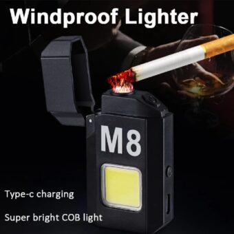 COB Led Flahlight With Lighters Dual Arc Pulse Flameless Lighter Type C Rechargeable Lighter Work Light Mini Light Men's Gift