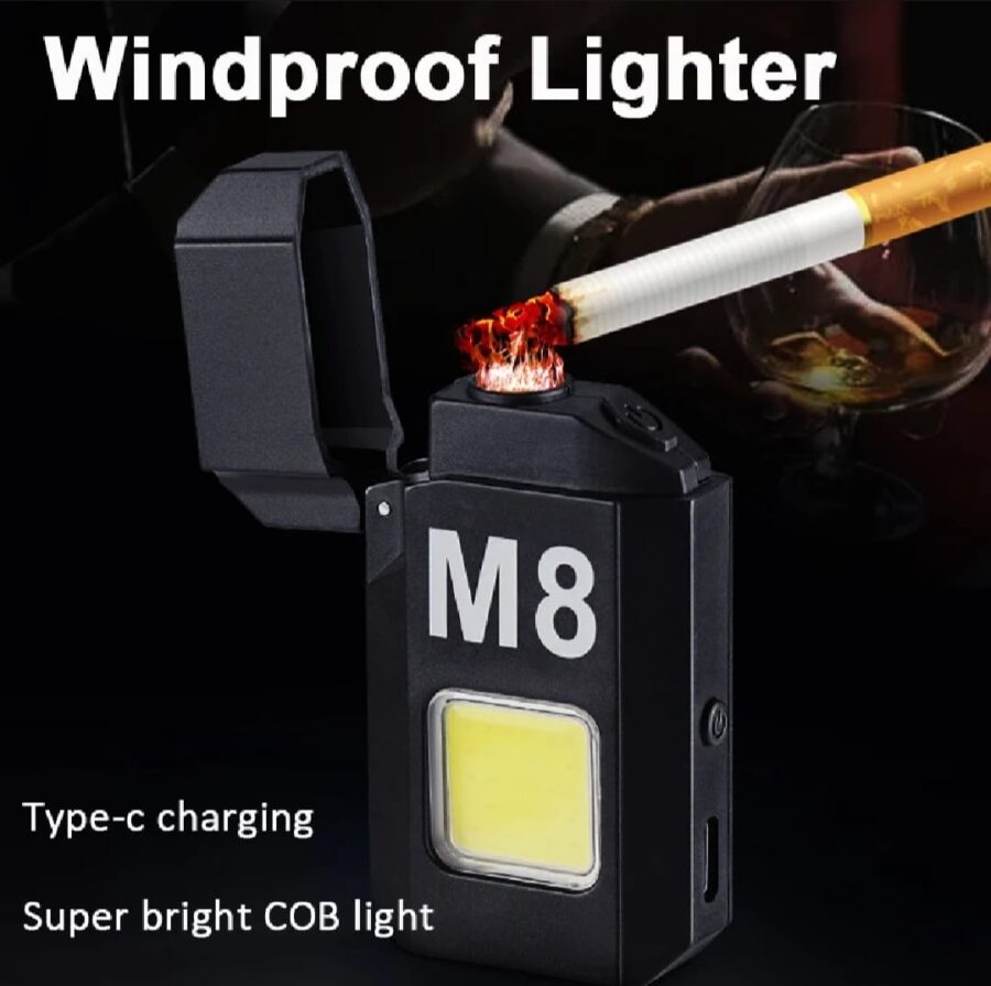 COB Led Flahlight With Lighters Dual Arc Pulse Flameless Lighter Type C Rechargeable Lighter Work Light Mini Light Men's Gift