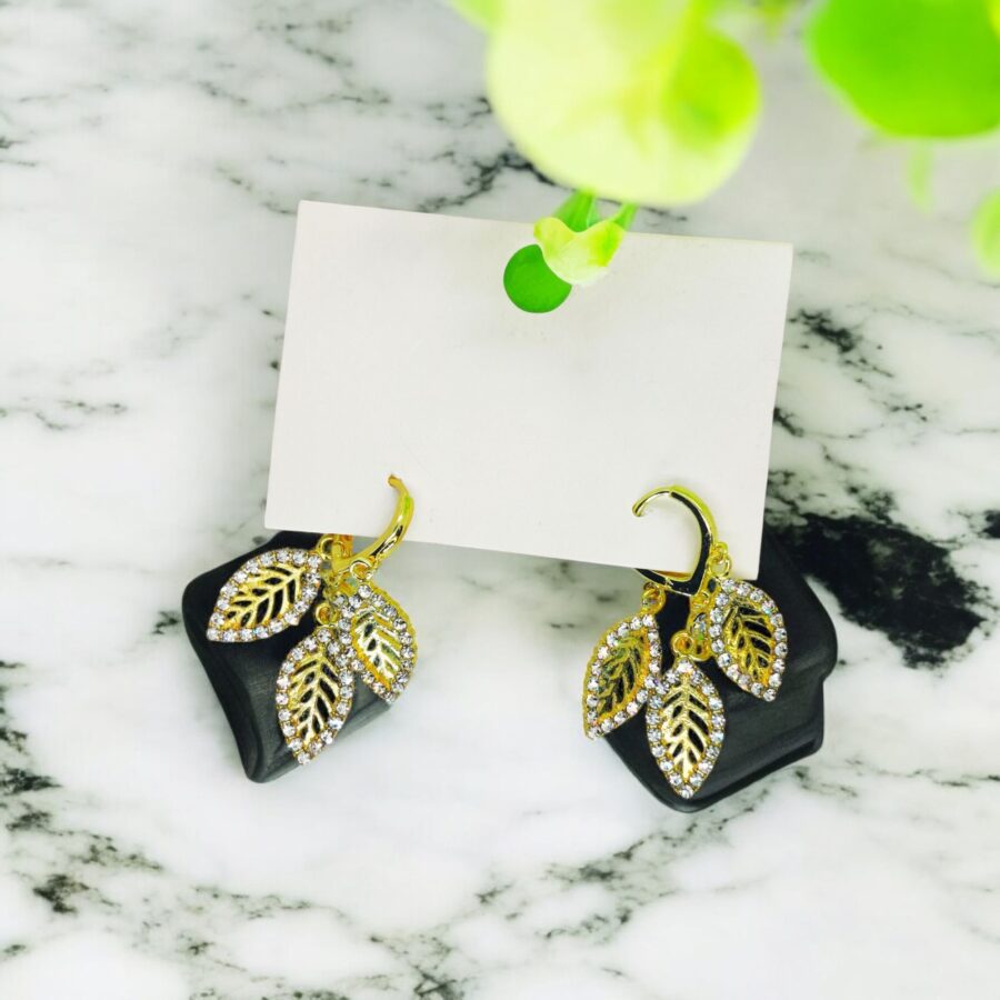 Imported Golden Triple Leaf Crystal Earrings – A Touch of Elegance Triple leaf Crystal Earrings - Image 3