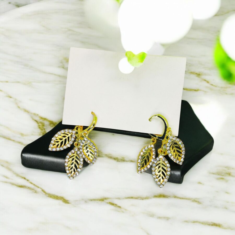 Imported Golden Triple Leaf Crystal Earrings – A Touch of Elegance Triple leaf Crystal Earrings - Image 2