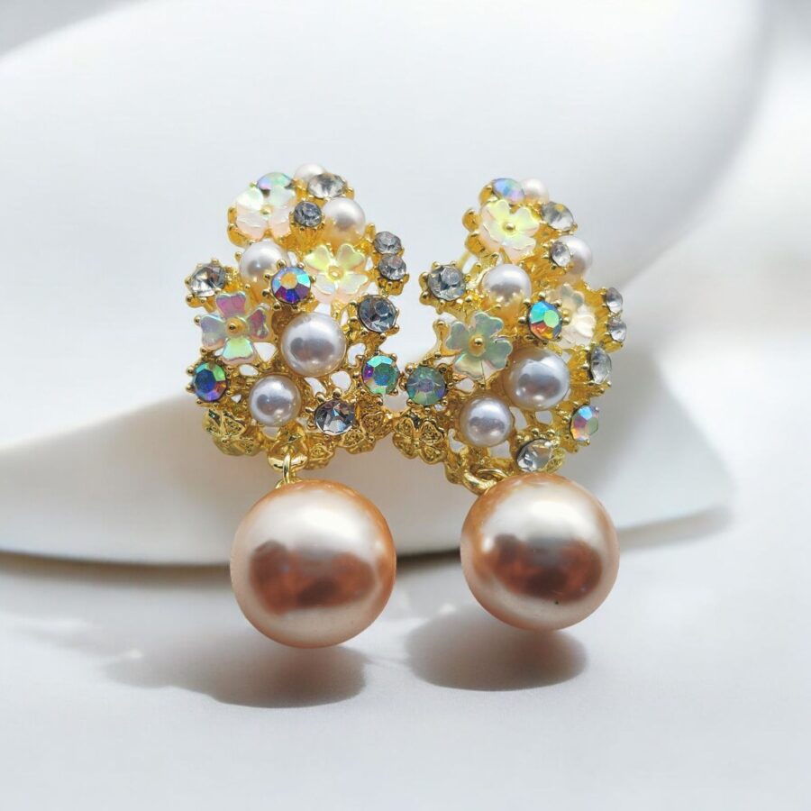 Imported Enchanted Floral Pearl Earrings – Luxurious Elegance Redefined! intricate floral designs adorned with shimmering crystals - Image 5