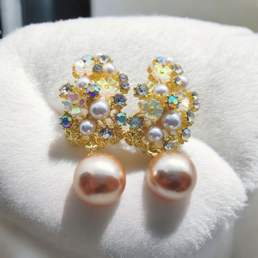 Imported Enchanted Floral Pearl Earrings – Luxurious Elegance Redefined! intricate floral designs adorned with shimmering crystals - Image 4