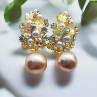 Imported Enchanted Floral Pearl Earrings – Luxurious Elegance Redefined! intricate floral designs adorned with shimmering crystals