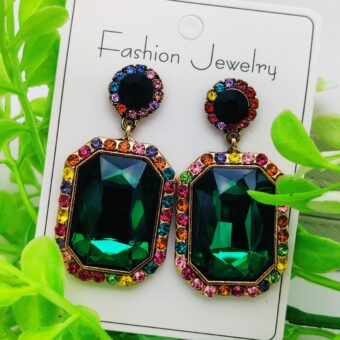 Imported Luxurious Emerald Green Gemstone Earrings with Rainbow Crystal Halo | Luxury Look Earrings For Girls