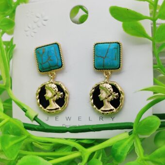 Imported Turquoise Square and Gold Roman Coin Dangle Earrings | Best Earrings For Girls