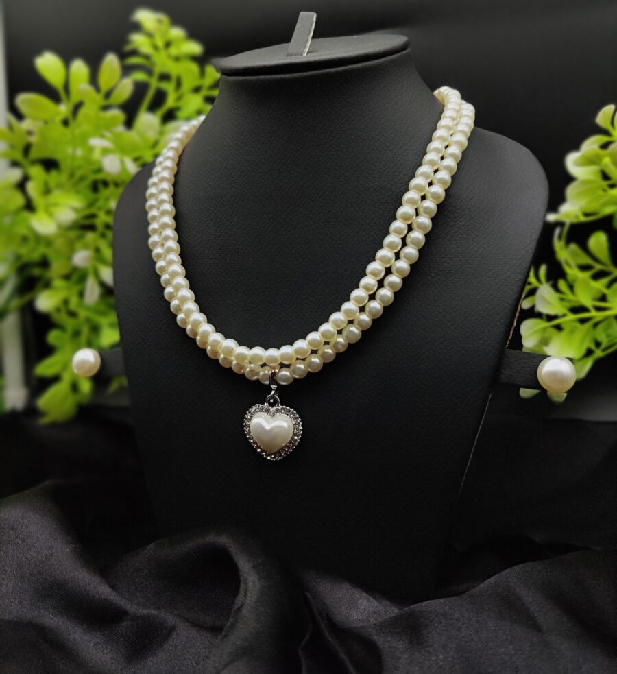 Imported Elegant Double-Strand Pearl Necklace with Heart Pendant | Girls & Women Fashion - Image 3
