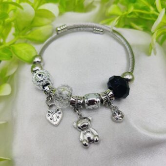 1 Piece Imported Pandora-Inspired Silver Charm Bracelet – Heart & Teddy Accents | Best Quality Bracelet For Girls & Women | Girls & Women Jewellery