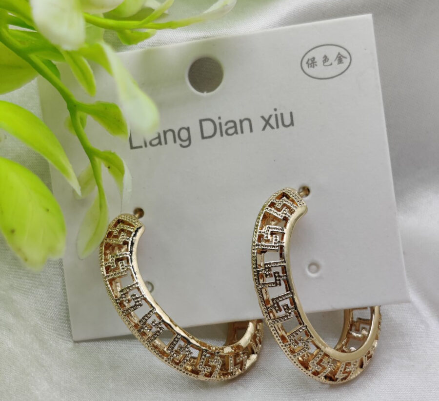 Imported Elegant Geometric Pattern Hoop Earrings - Luxurious Gold Finish | Best Quality Artificial Earrings For Girls & Women