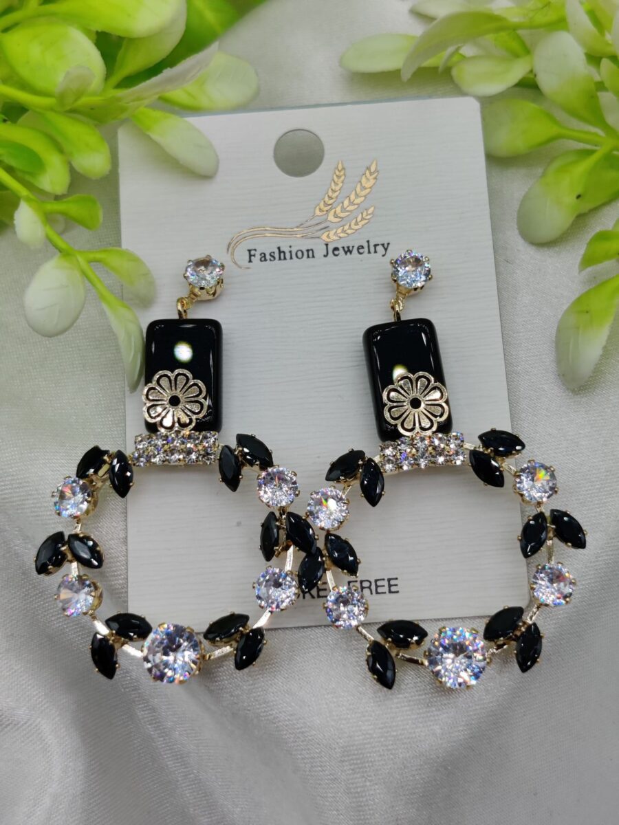 Imported Elegant Floral Hoop Earrings with Black and Crystal Accents | Best Quality Earrings For Girls & Women | Luxury Look Earrings - Image 2
