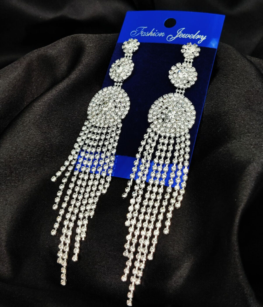 Imported Tarnish-Free Silver Sparkling Long Statement Earrings for Glamorous Evenings | Best Quality Earrings For Girls & Women | Luxury Look Earrings (Silver) - Image 3