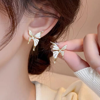 Luxury Niche Elegant Dual Tone Zircon Butterfly Stud Earrings for Women Fashion | Luxury Look Artificial Earrings | Women Earrings (Silver & Golden)