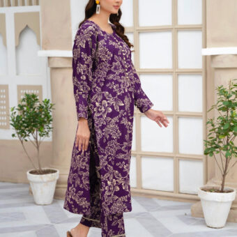 flower printed suit pcs Stitched Suit Stone Winter linen Suit WINTER COLLECTION (purple)