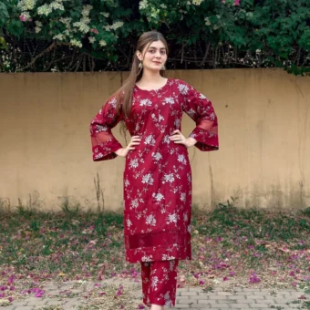 2pcs flower printed suit Stitched Suit Stone Winter linen Suit WINTER COLLECTION  (maroon)