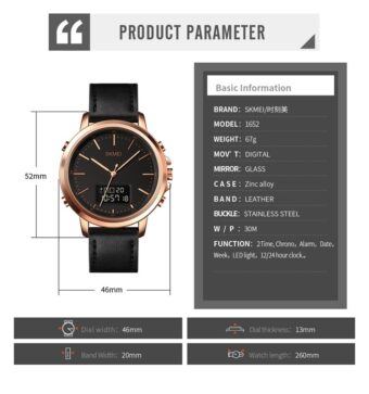 SKMEI Men's Fashion Digital Watch Analog Leather Multifunctional Waterproof Men's Watch 1652 | Skemi Men Digital Analog Watch - Without Box - Image 5