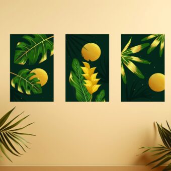 Set Of 3, Abstract Sun Leaf wall Art Photo Canvas wooden Tile Frame
